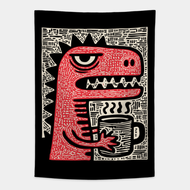 Absurdist Humor - The T-Rex Morning Coffee Tapestry by TuncGK
