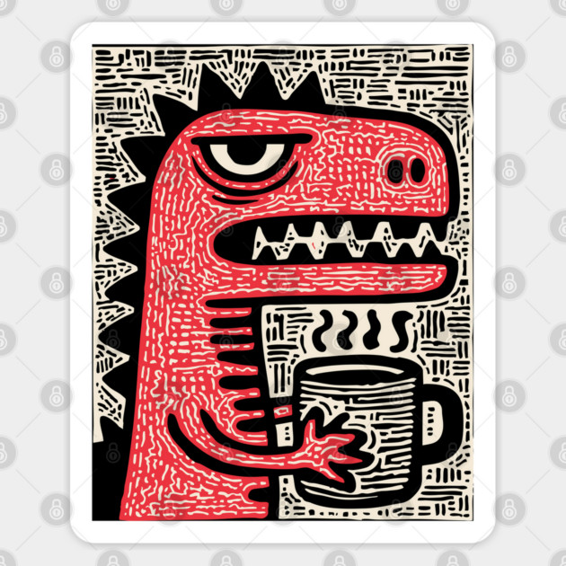 Absurdist Humor - The T-Rex Morning Coffee Sticker by TuncGK