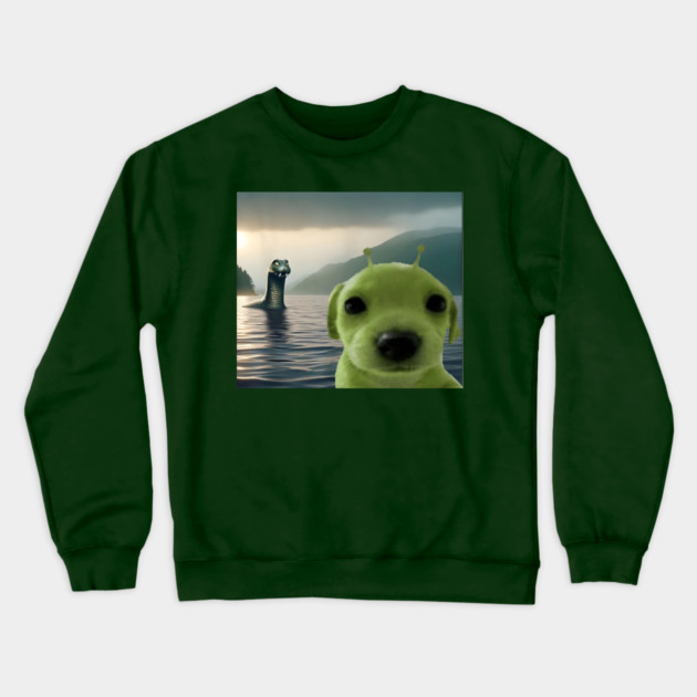 Alien Dog Viral Meme Selfie with Loch Ness Monster Nessie Crewneck Sweatshirt by Luxinda