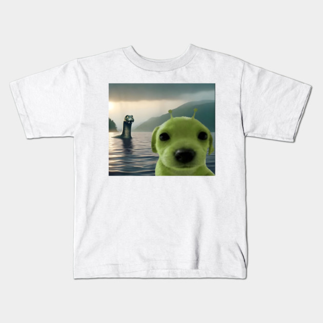 Alien Dog Viral Meme Selfie with Loch Ness Monster Nessie Kids T-Shirt by Luxinda