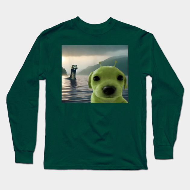 Alien Dog Viral Meme Selfie with Loch Ness Monster Nessie Long Sleeve T-Shirt by Luxinda