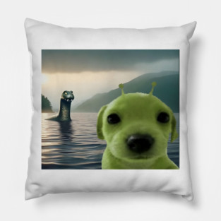 Alien Dog Viral Meme Selfie with Loch Ness Monster Nessie Pillow