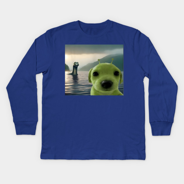 Alien Dog Viral Meme Selfie with Loch Ness Monster Nessie Kids Long Sleeve T-Shirt by Luxinda