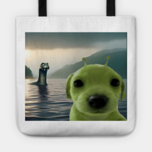 Alien Dog Viral Meme Selfie with Loch Ness Monster Nessie Tote