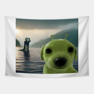 Alien Dog Viral Meme Selfie with Loch Ness Monster Nessie Tapestry