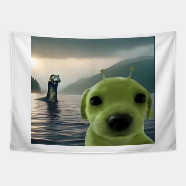 Alien Dog Viral Meme Selfie with Loch Ness Monster Nessie Tapestry by Luxinda