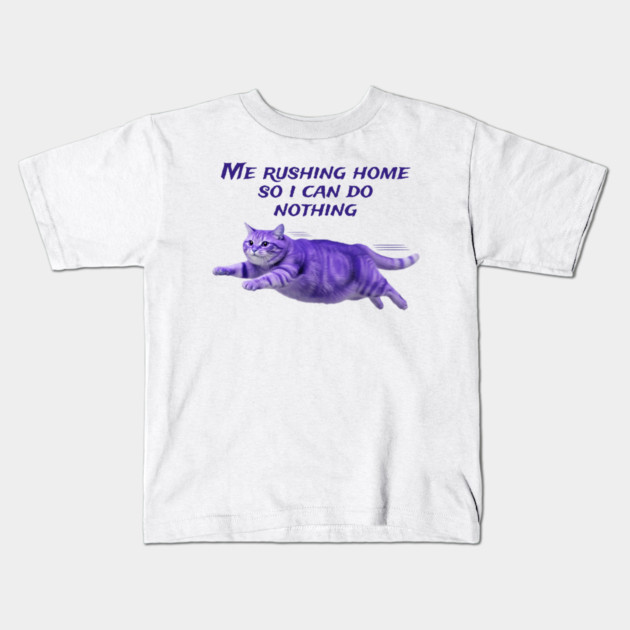 Funny Purple Cat Rushing Home To Do Nothing At All Kids T-Shirt by Luxinda