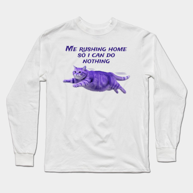 Funny Purple Cat Rushing Home To Do Nothing At All Long Sleeve T-Shirt by Luxinda