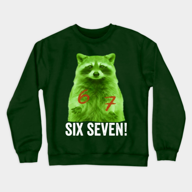 67 Raccoon Hand Gestures Alien Green silly funny meme Crewneck Sweatshirt by Luxinda