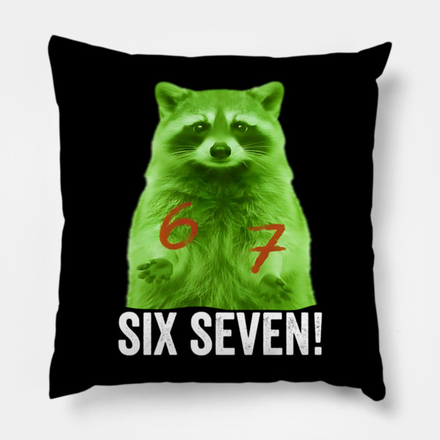 67 Raccoon Hand Gestures Alien Green silly funny meme Pillow by Luxinda