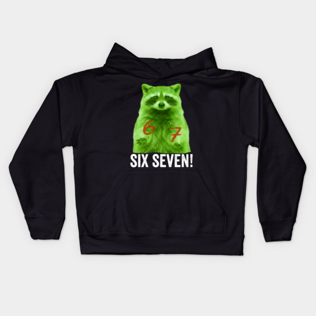 67 Raccoon Hand Gestures Alien Green silly funny meme Kids Hoodie by Luxinda