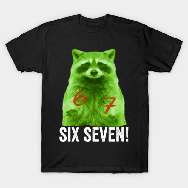 67 Raccoon Hand Gestures Alien Green silly funny meme T-Shirt by Luxinda