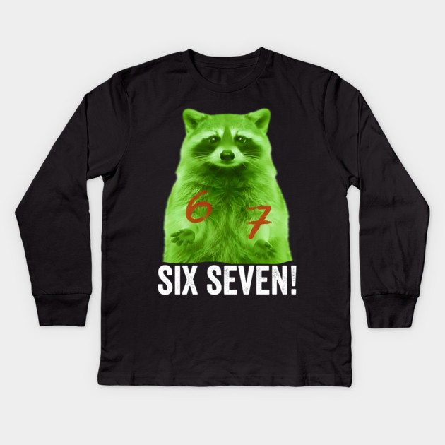 67 Raccoon Hand Gestures Alien Green silly funny meme Kids Long Sleeve T-Shirt by Luxinda