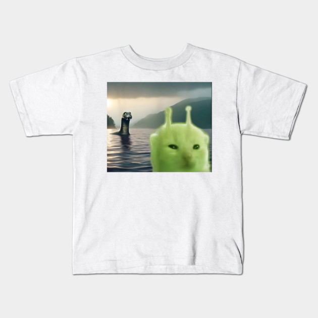 Alien Cat Viral Meme Selfie with Loch Ness Monster Nessie Kids T-Shirt by Luxinda