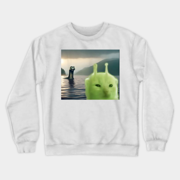Alien Cat Viral Meme Selfie with Loch Ness Monster Nessie Crewneck Sweatshirt by Luxinda