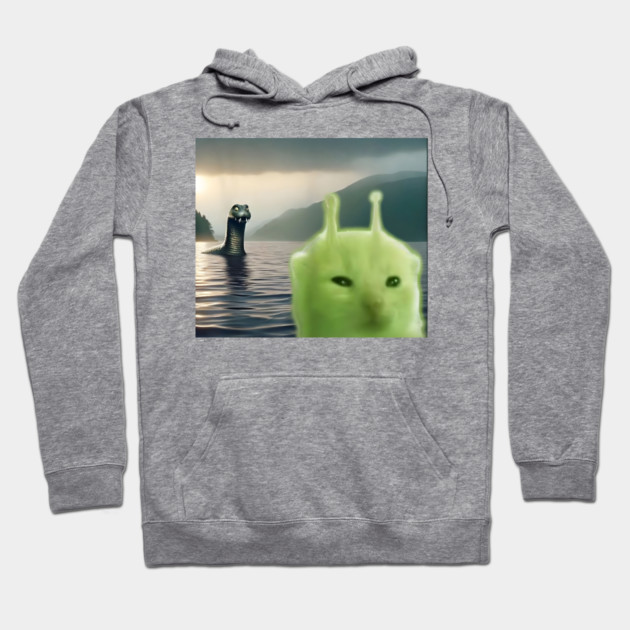 Alien Cat Viral Meme Selfie with Loch Ness Monster Nessie Hoodie by Luxinda