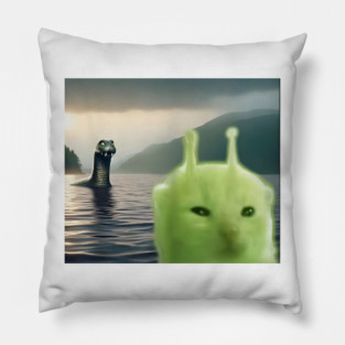 Alien Cat Viral Meme Selfie with Loch Ness Monster Nessie Pillow