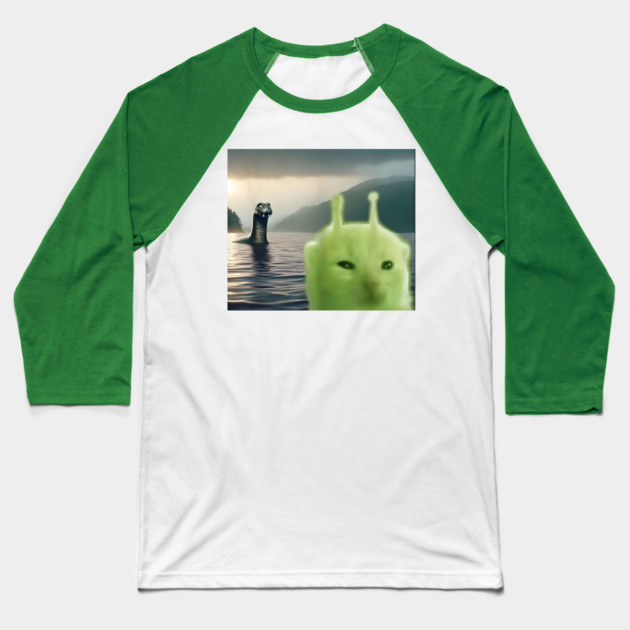 Alien Cat Viral Meme Selfie with Loch Ness Monster Nessie Baseball T-Shirt by Luxinda