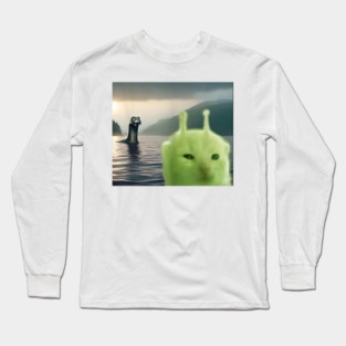 Alien Cat Viral Meme Selfie with Loch Ness Monster Nessie Long Sleeve T-Shirt