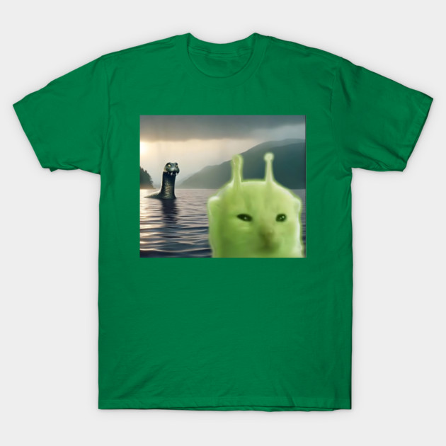 Alien Cat Viral Meme Selfie with Loch Ness Monster Nessie T-Shirt by Luxinda