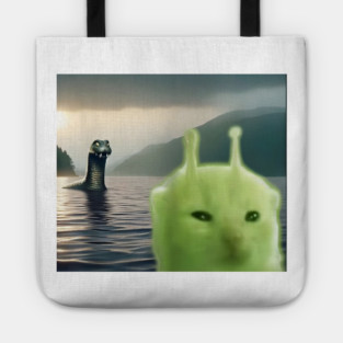 Alien Cat Viral Meme Selfie with Loch Ness Monster Nessie Tote