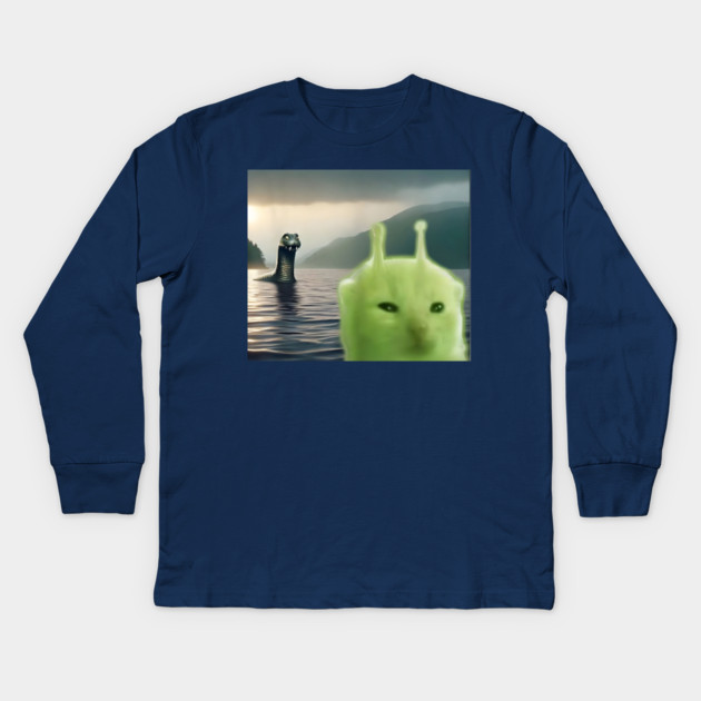 Alien Cat Viral Meme Selfie with Loch Ness Monster Nessie Kids Long Sleeve T-Shirt by Luxinda