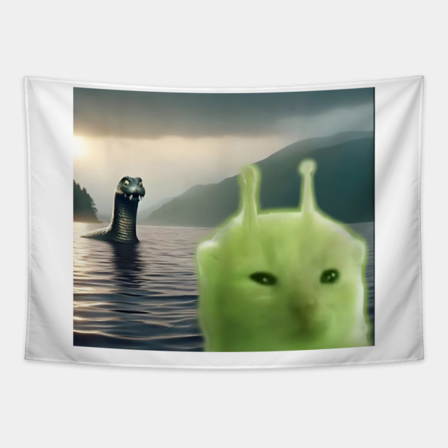 Alien Cat Viral Meme Selfie with Loch Ness Monster Nessie Tapestry by Luxinda