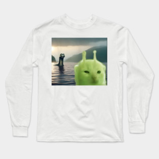 Alien Cat Viral Meme Selfie with Loch Ness Monster Nessie Long Sleeve T-Shirt