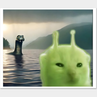Alien Cat Viral Meme Selfie with Loch Ness Monster Nessie Posters and Art