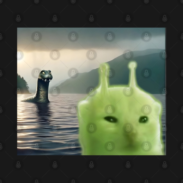 Alien Cat Viral Meme Selfie with Loch Ness Monster Nessie by Luxinda