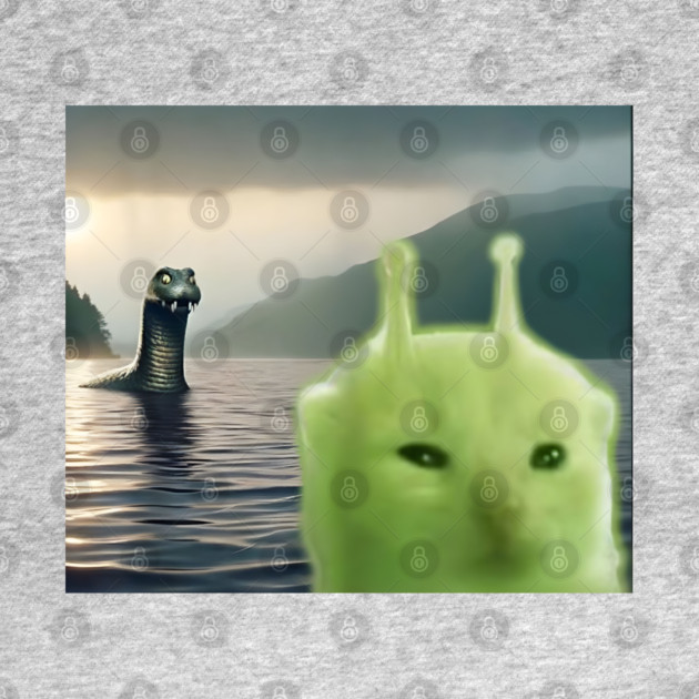 Alien Cat Viral Meme Selfie with Loch Ness Monster Nessie by Luxinda