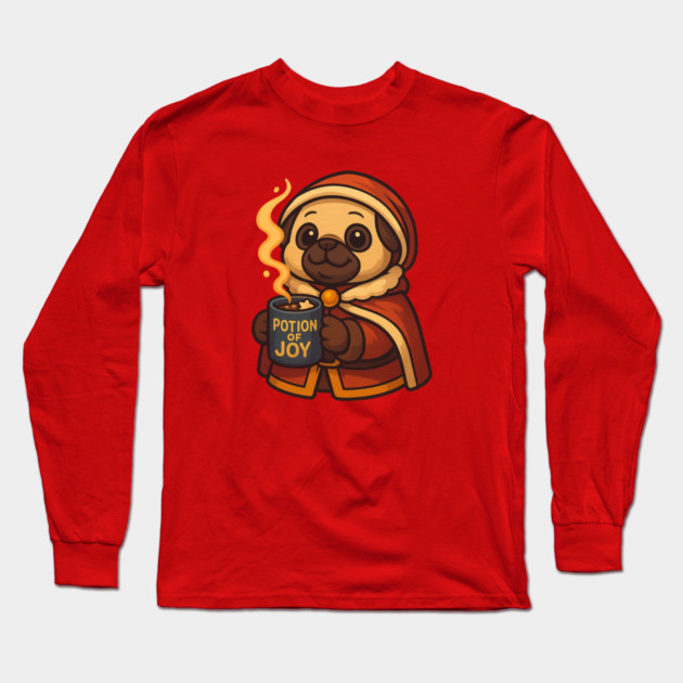 Potion of Joy Pug – Cozy Christmas Dog Mage Art & Wholesome Fantasy Tee Long Sleeve T-Shirt by Anne Lee