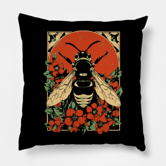 Gothic Asian Hornet Japanese Insect Art Floral Wasp Design Pillow by TuncGK
