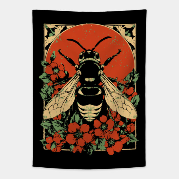 Gothic Asian Hornet Japanese Insect Art Floral Wasp Design Tapestry by TuncGK