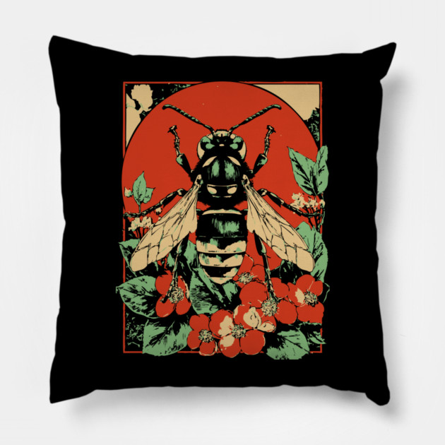 Gothic Asian Hornet Japanese Insect Art Symmetrical Wasp Design Pillow by TuncGK