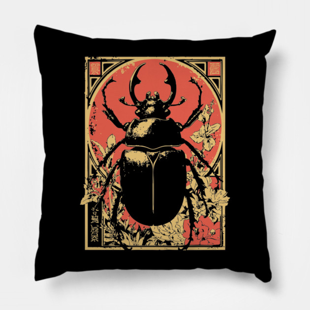 Gothic Hercules Beetle Japanese Insect Art Minimalist Rhino Design Pillow by TuncGK