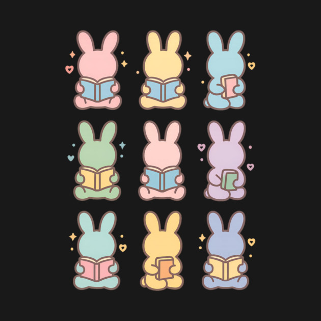 Kawaii Reading Bunnies in Pastel Colors Cute Bunny Reading