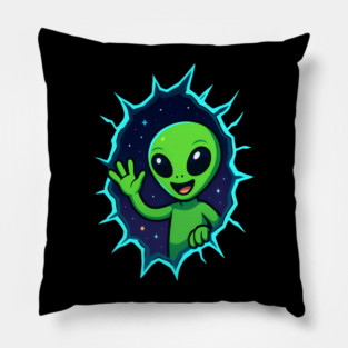 Cute Alien Waving from Star Portal Pillow