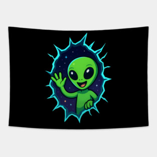 Cute Alien Waving from Star Portal Tapestry
