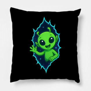 Cute Alien Waving from Space Portal Pillow