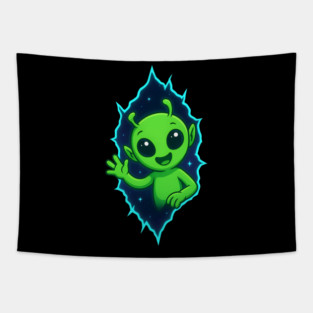 Cute Alien Waving from Space Portal Tapestry