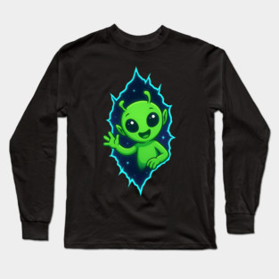 Cute Alien Waving from Space Portal Long Sleeve T-Shirt