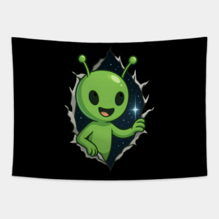 Cute Alien Happy Peeking Through Starry Portal Tapestry