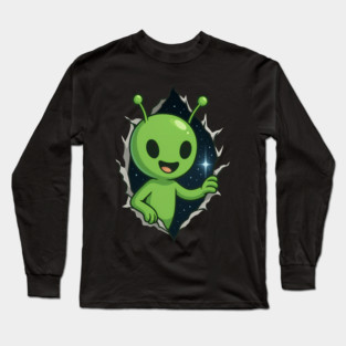 Cute Alien Happy Peeking Through Starry Portal Long Sleeve T-Shirt