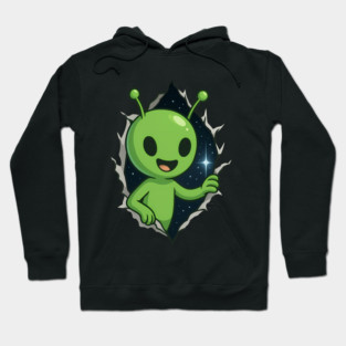 Cute Alien Happy Peeking Through Starry Portal Hoodie