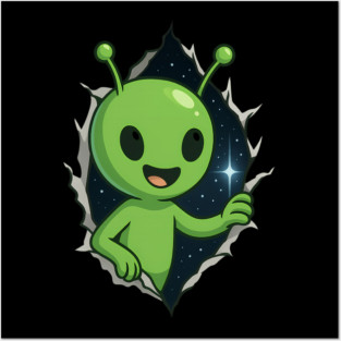 Cute Alien Happy Peeking Through Starry Portal Posters and Art