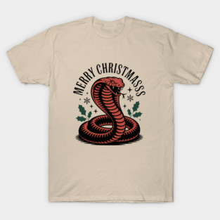 Stylized Cobra Surrounded by Stars, Snowflakes, and Bold Christmas Greeting T-Shirt