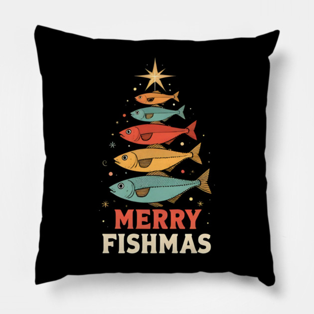 Merry Fishmas Funny Fisherman Christmas Retro Holiday Design Pillow by shirtlux