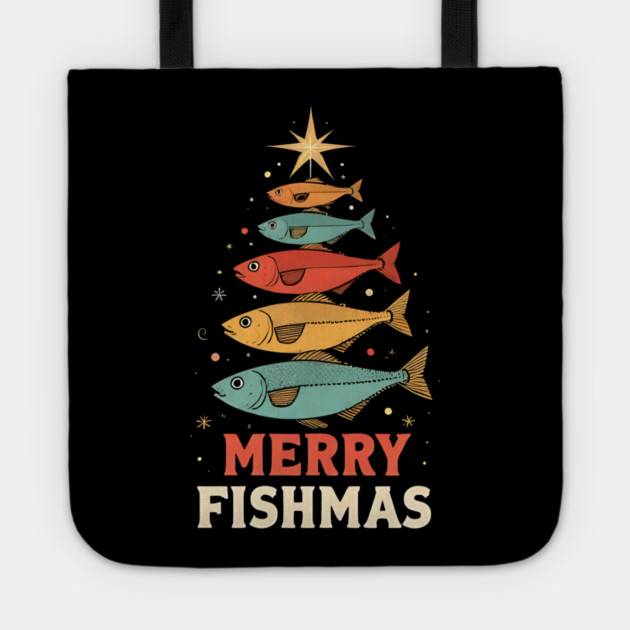 Merry Fishmas Funny Fisherman Christmas Retro Holiday Design Tote by shirtlux