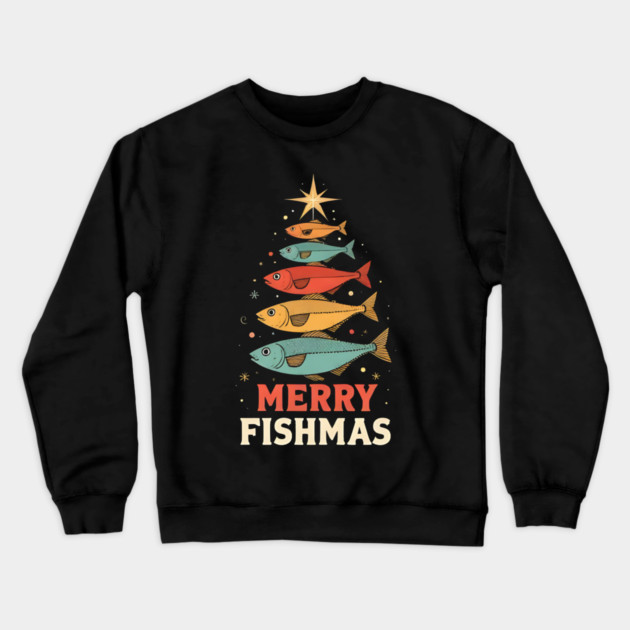 Merry Fishmas Funny Fisherman Christmas Retro Holiday Design Crewneck Sweatshirt by shirtlux